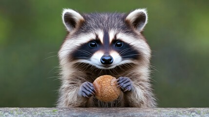 Obraz premium A cute raccoon holding a nut, showcasing its playful nature.