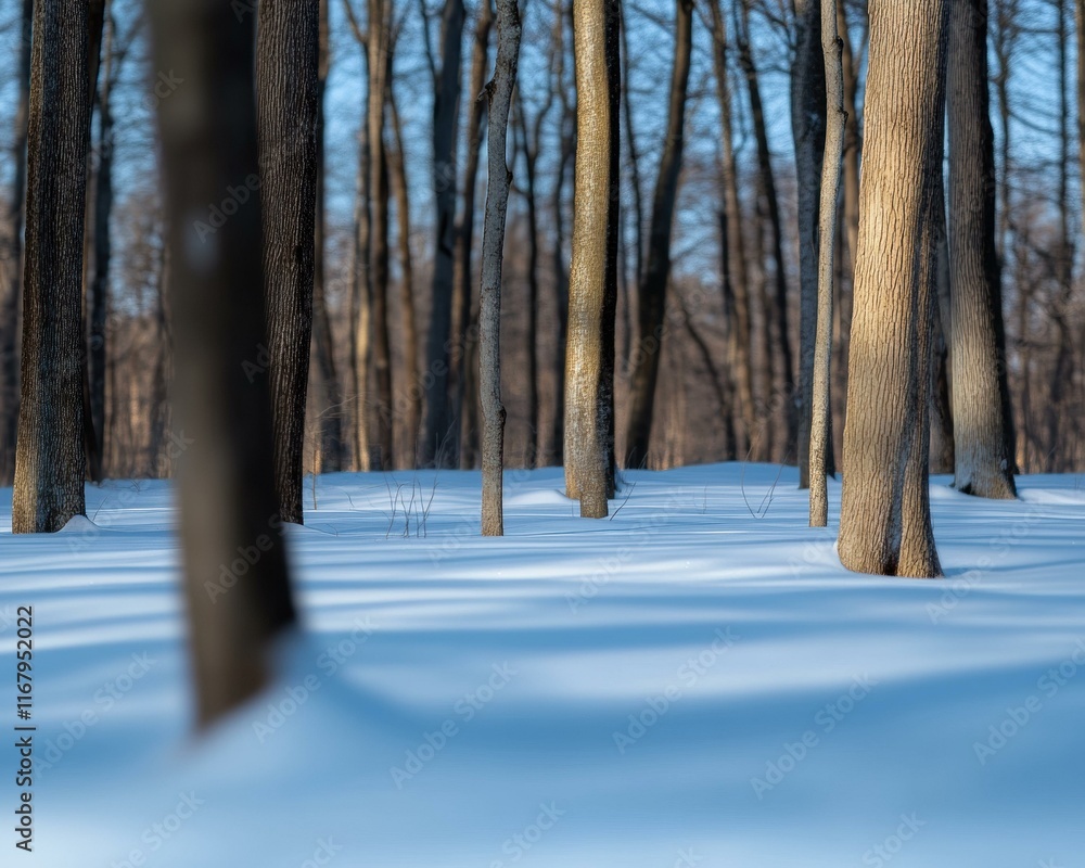 Poster snow-covered forest floor with tree trunks. ai.