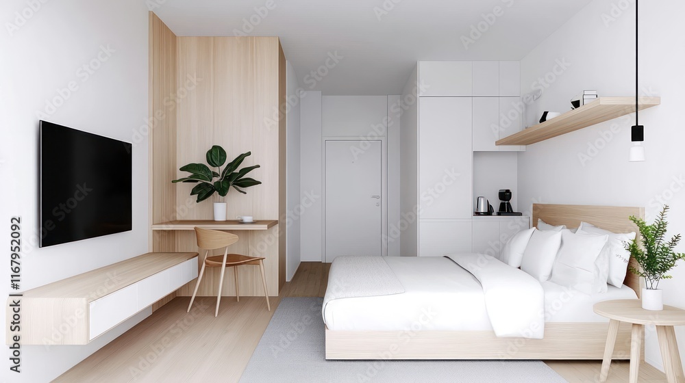 Poster modern bedroom with minimalist design and functional workspace.