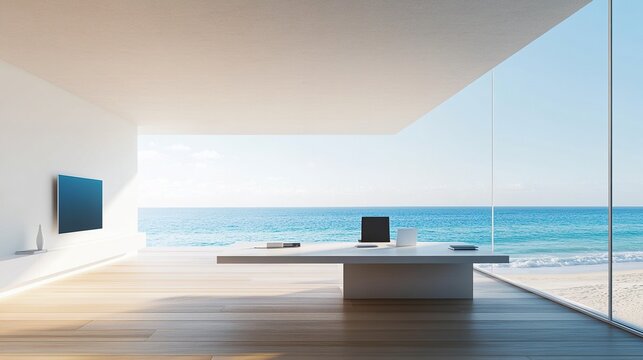 Bright modern office overlooking the ocean with a desk and equipment.