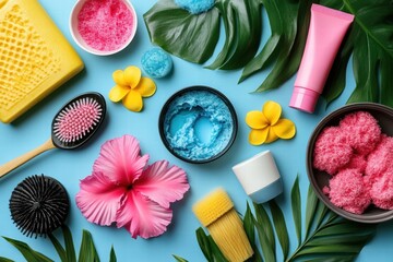 Colorful Spa Flat Lay with Tropical Elements and Beauty Products