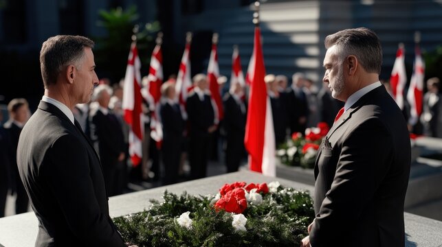 Two men in suits at a memorial ceremony with flags and flowers.