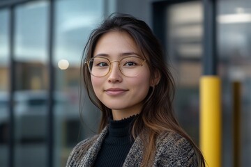 Fototapeta premium Portrait of a young Asian woman with glasses, smiling gently outdoors.