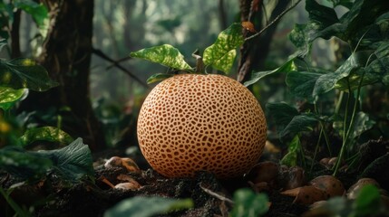 Unique Melon with Intricate Patterns Surrounded by Lush Foliage