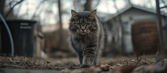 A longhaired gray tabby cat walking through the yard