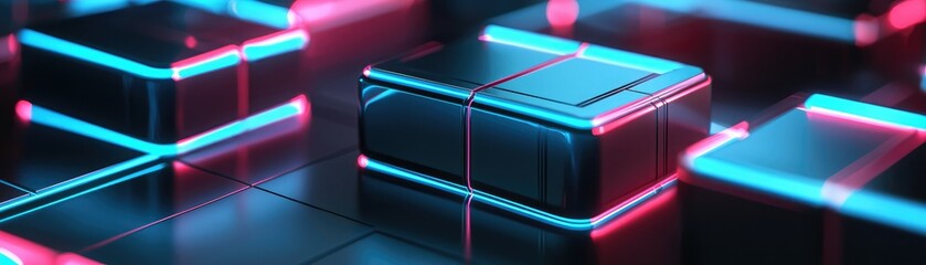 A futuristic digital landscape featuring glowing, illuminated cubes in vibrant blue and pink hues, creating a visually striking tech aesthetic.