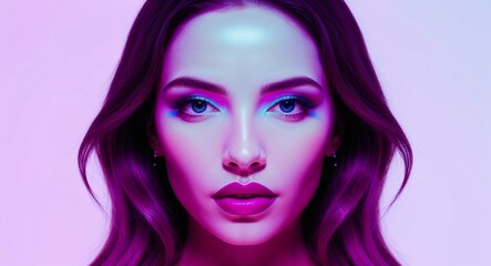 Fototapeta premium Magenta theme woman face neon hologram on plain white background
