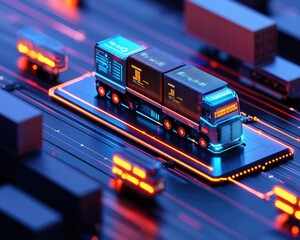 A futuristic truck model on a digital circuit, illuminated with neon lights, representing advanced logistics and technology.
