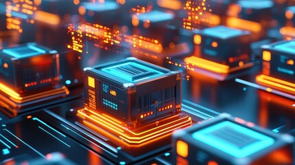 Fototapeta premium A vibrant digital landscape featuring glowing microchips interconnected by intricate circuitry, showcasing a futuristic technology theme.