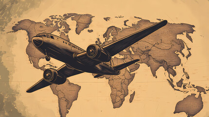 Vintage airplane soaring over a world map, embodying wanderlust and exploration, perfect for travel agencies and adventure seekers. Wanderlust. Illustration