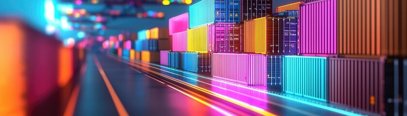 Obraz premium A vibrant scene featuring brightly colored shipping containers lined up in a modern, illuminated transport setting.