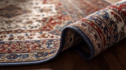 Close up rolled rug, patterned with red and blue, on wood.
