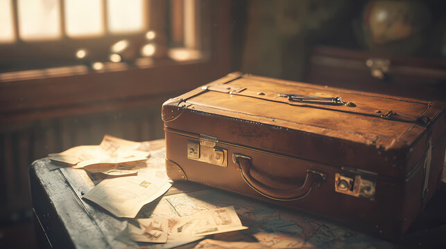 Wanderlust still life vintage leather suitcase bathed in warm light travel memorabilia scattered around evoking nostalgia and adventure. Wanderlust. Illustration