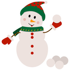 Cheerful snowmen in different costumes and scarf and hat.
