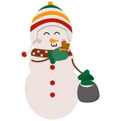 Cheerful snowmen in different costumes and scarf and hat.