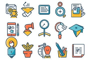 Collection of colorful line icons depicting business, education, and time management concepts.