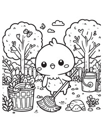Coloring book cute chick the nature forest 