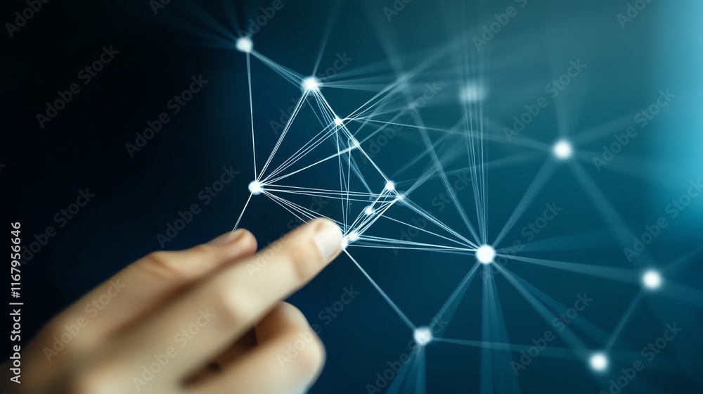 Poster a close-up of a finger interacting with a digital network, symbolizing innovation and connectivity i
