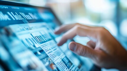 46.A close-up image of a man hands pointing at a touch screen device displaying business news. The screen shows a news article with clear, readable text. The manâ€™s fingers are highlighted, showing