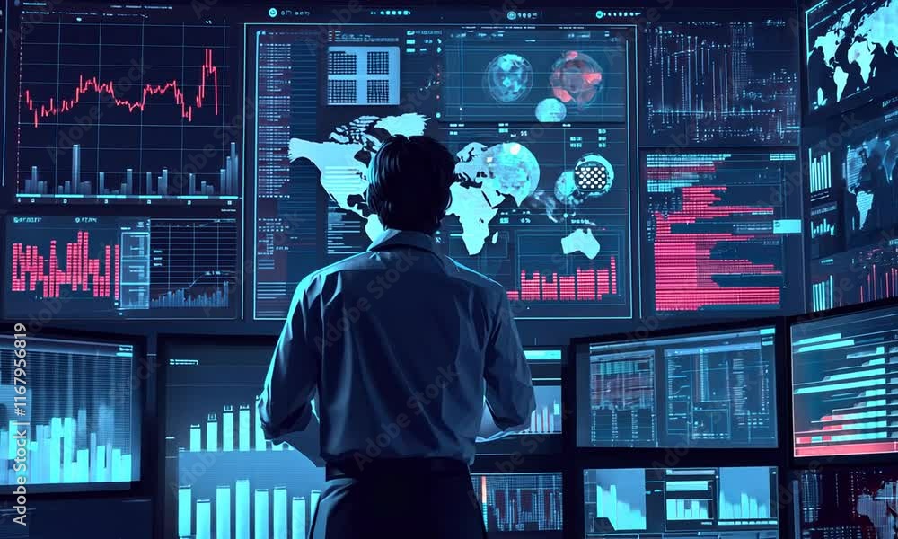 Poster global data monitoring system: analyst reviewing worldwide information and network security