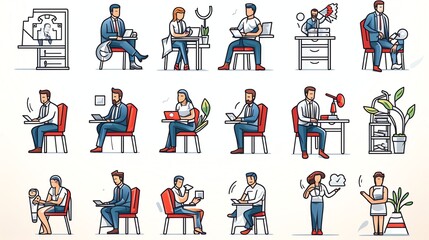 Fototapeta premium Diverse people working at desks and chairs, various activities.