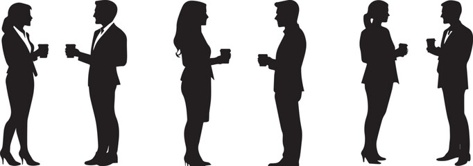 Silhouette of two business people talking while holding coffee cups vector silhouette