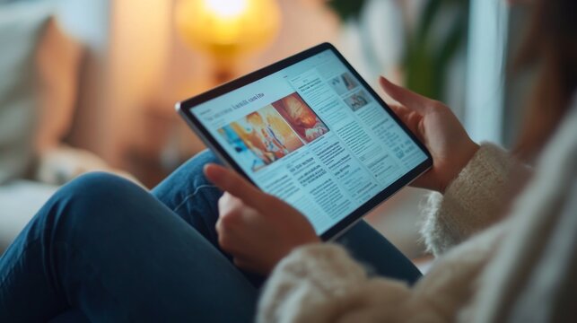 19.A person reading an online news article on a tablet in the morning, with the screen showing a digital newspaper or magazine interface. The latest news is visible, and the persons happy expression