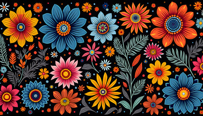 Vibrant Indian Kalamkari Floral Motifs with Dynamic Layers