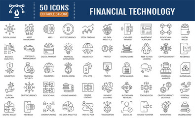 Fototapeta premium Financial Technology Icons set. Includes Fintech, Digital Native, Cloud Tech, Cashless Payment, Digital Economy, Mobile Payments and more. Vector Illustration