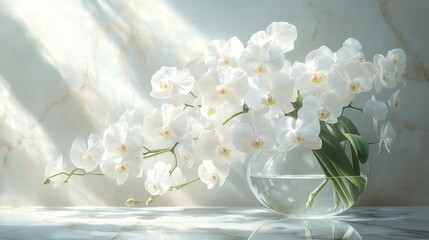 Elegant White Orchids in Transparent Vase on Light Marble Surface