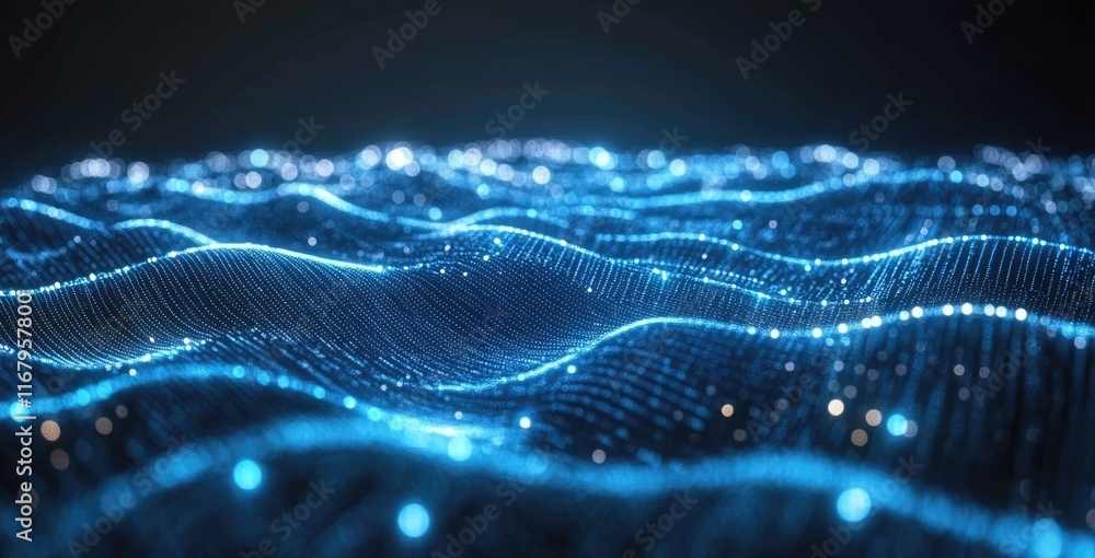 Poster abstract background with glowing blue lines and dots forming an intricate network, generative ai