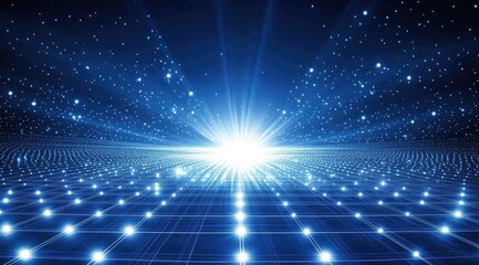 Abstract blue background with light rays and glowing dots, digital grid lines, technology background ,generative ai