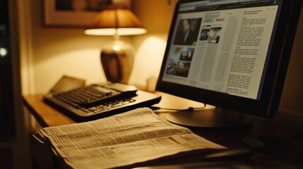 Obraz premium 31.A close-up of a traditional newspaper placed next to a computer on a wooden table. The newspaper is open to reveal the front page, while the computer is turned on, showing a digital version of