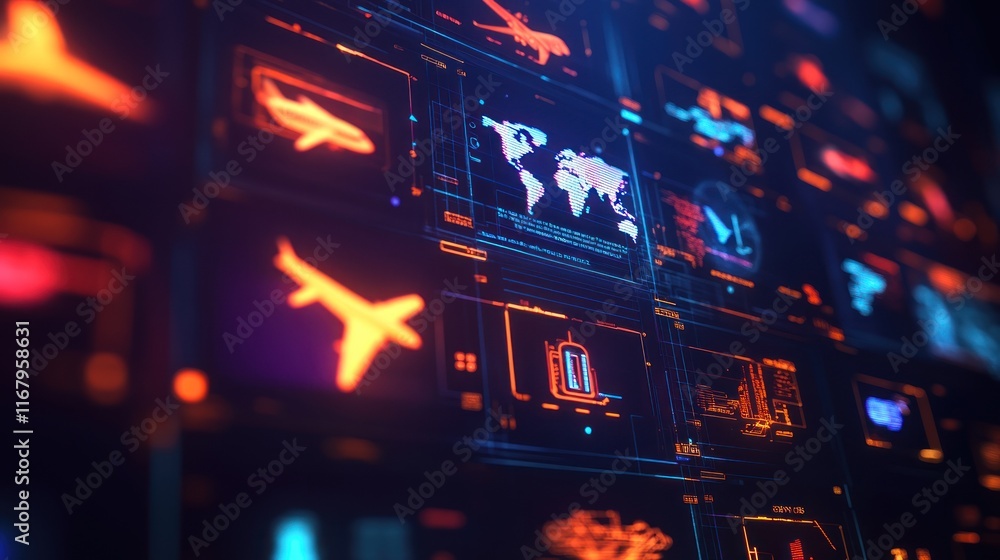 Poster futuristic digital interface with world map, travel icons, and data streams.