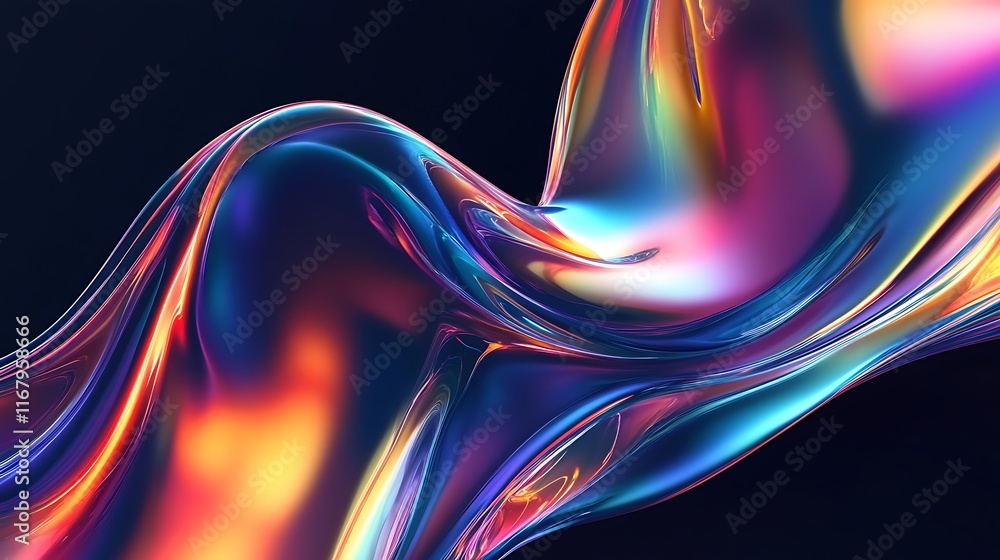 Poster abstract fluid iridescent holographic curved wave in motion, featuring a colorful gradient design on