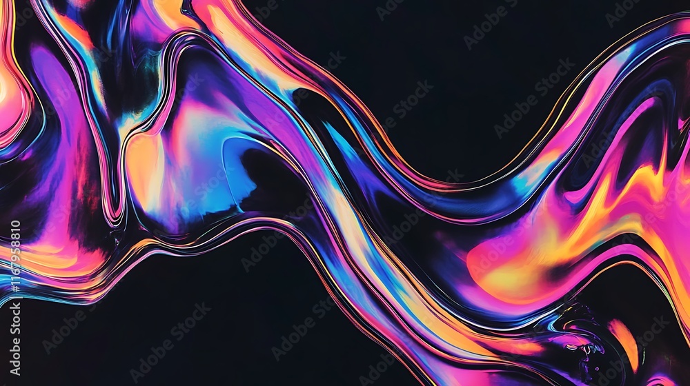 Poster abstract fluid iridescent holographic curved wave in motion, featuring a colorful gradient design on