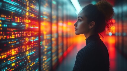 Woman observing server room data streams.