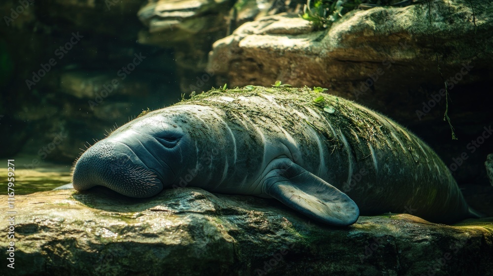 Poster a manatee rests on a rock in shallow water, covered in algae.