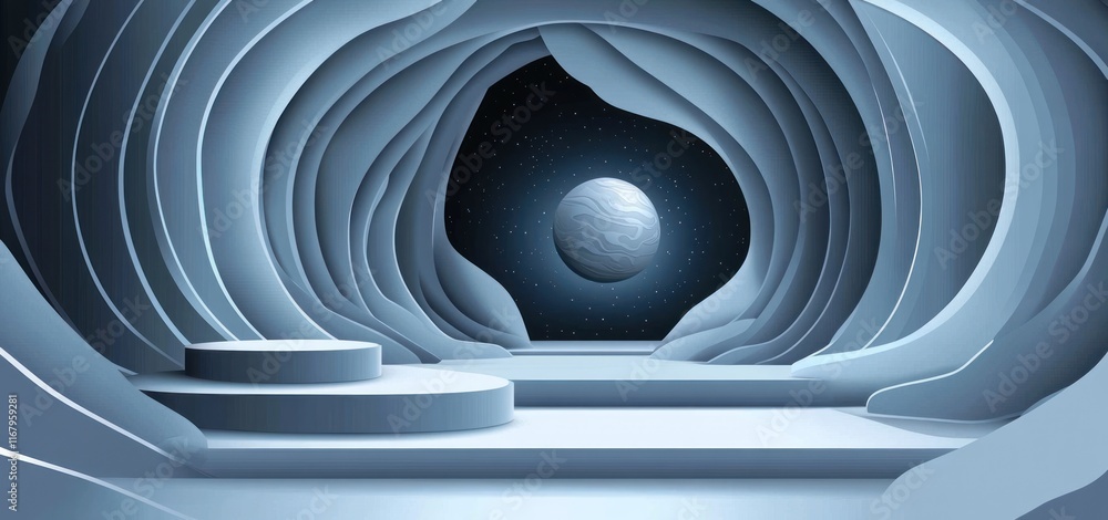 Aufkleber abstract futuristic cave interior with a planet view and platforms.