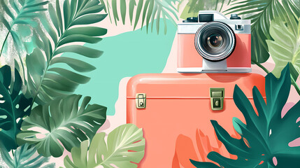 Travel illustration with suitcase camera and tropical plants capturing adventure and wanderlust in a vibrant and artistic setting. Wanderlust. Illustration