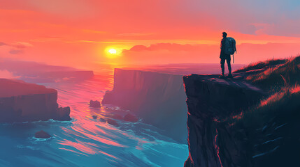 Obraz premium Traveler gazing at scenic sunrise landscape from cliff symbolizing adventure and wanderlust. Wanderlust. Illustration
