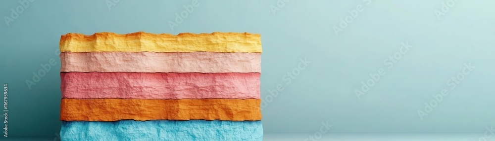 Poster a stack of colorful, textured layers arranged horizontally against a soft, muted background, creatin