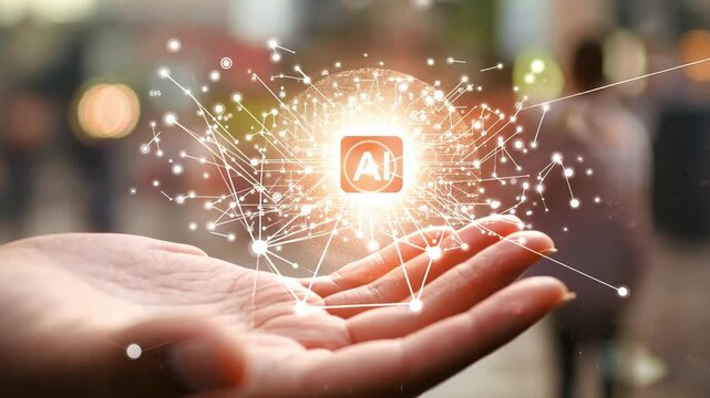 hand with an AI chip floating above it, symbolizing the integration of artificial intelligence in technology and business. the text "AI"on circuit board ,generative ai	
