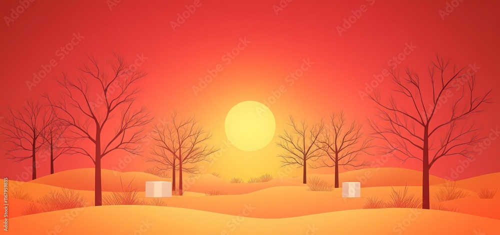 Poster sunset landscape with bare trees and dunes.