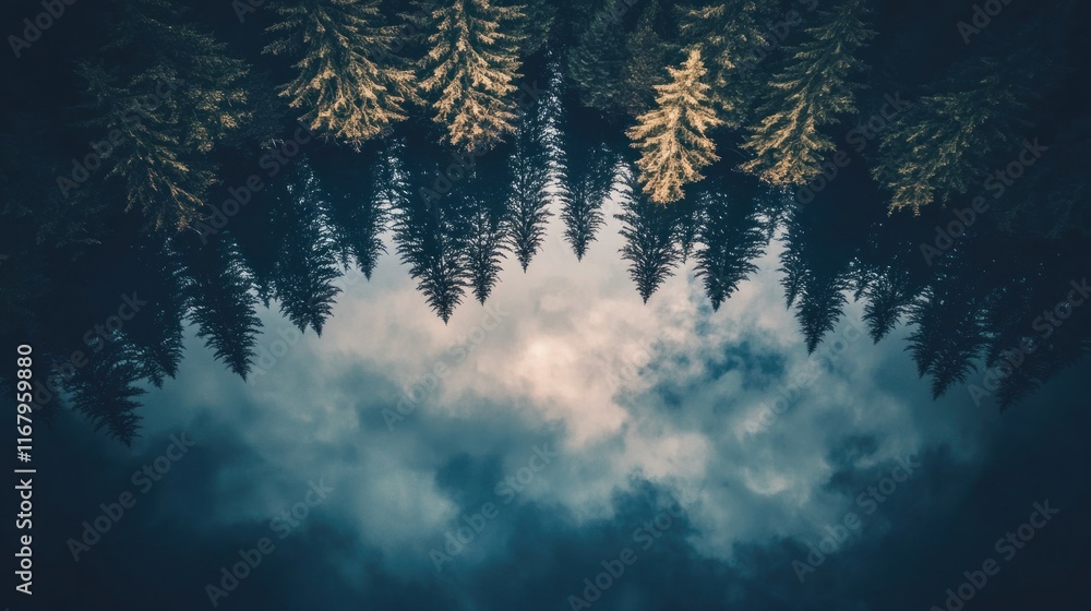 Poster upside-down forest reflected in cloudy sky; surreal nature scene.