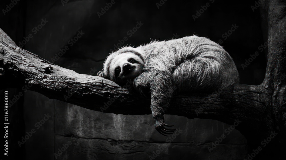 Poster a sloth rests on a tree branch, monochrome image.
