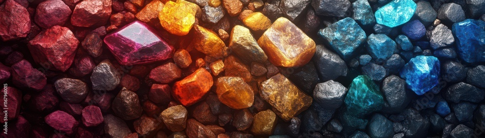 Poster a vibrant display of colorful rocks arranged in a gradient, showcasing a variety of textures and hue
