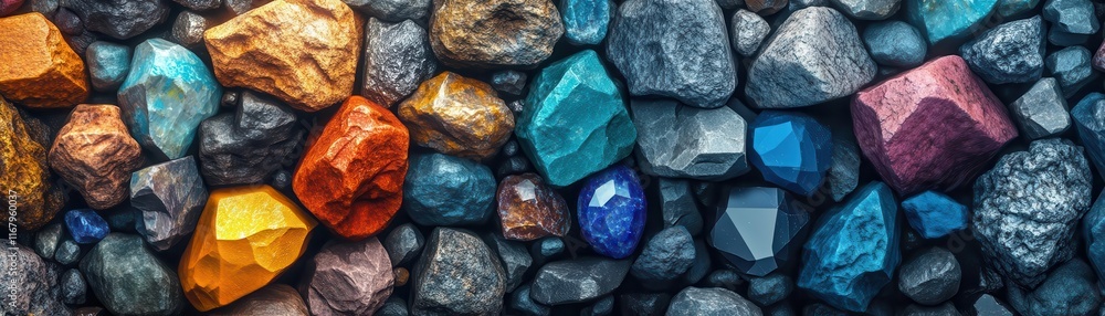 Poster a vibrant collection of colorful stones and minerals, showcasing diverse textures and hues, creating