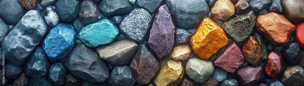 Poster a colorful arrangement of various stones showcases a blend of textures and hues, creating a visually