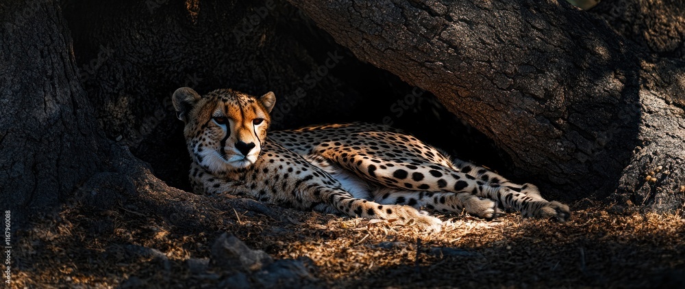 Poster Cheetah resting under a large tree in the shade.